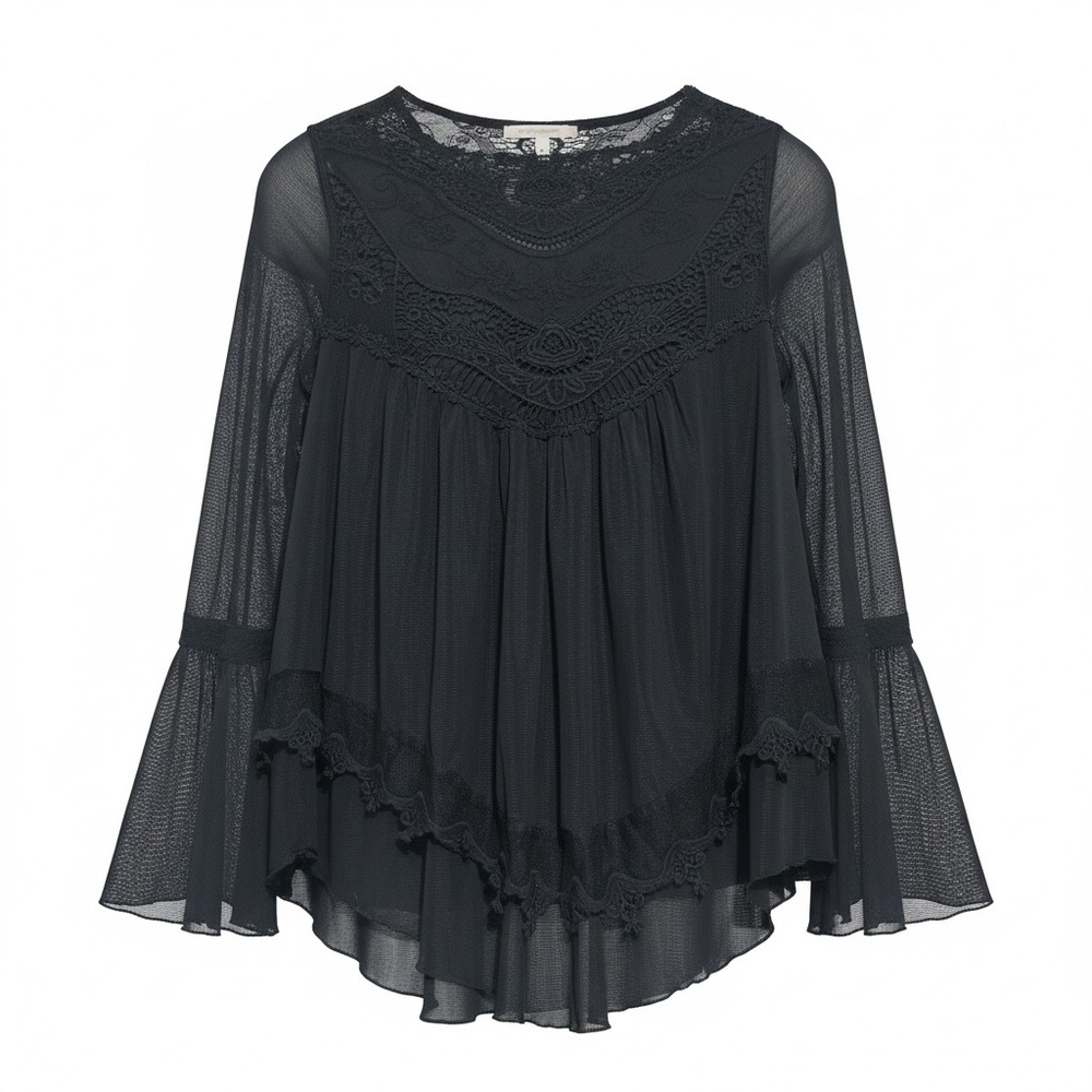 Altar’d State Womens Boho Medium Sheer Bell Sleeved Black Layered Blouse! A2773
